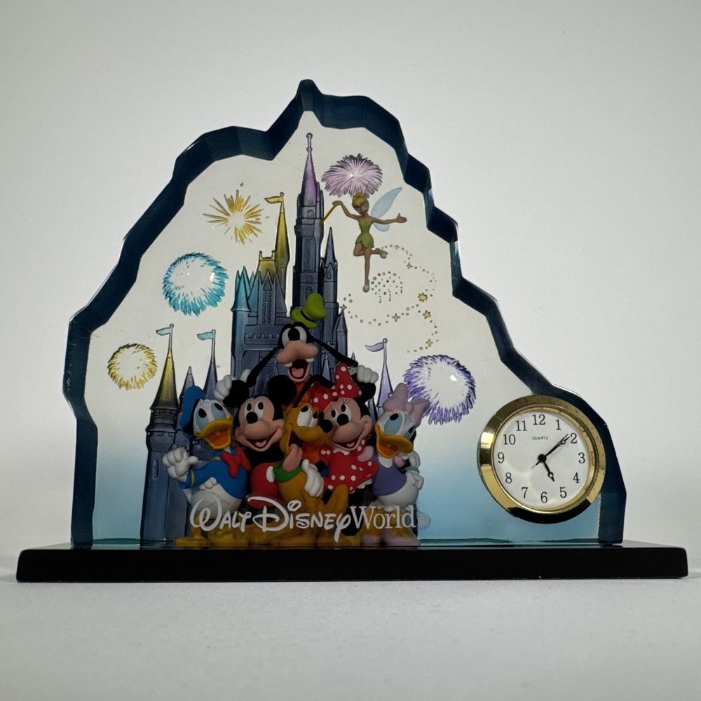 Vintage Walt Disney World Acrylic 3D Shelf Display Disney Characters w/ Clock